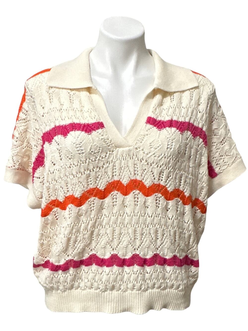 THML Women's Crochet Polo Sweater Cream Pink Orange Colorblock L Boho Preppy